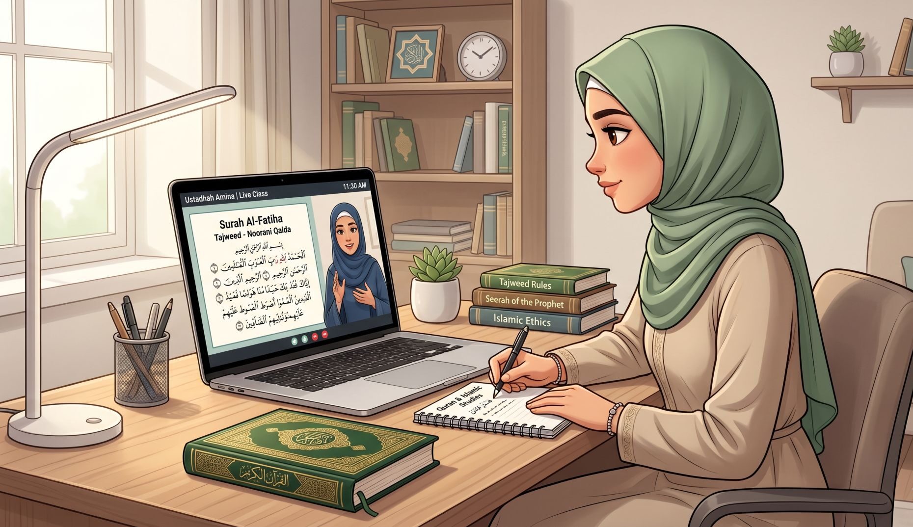 Student attending online Quran class